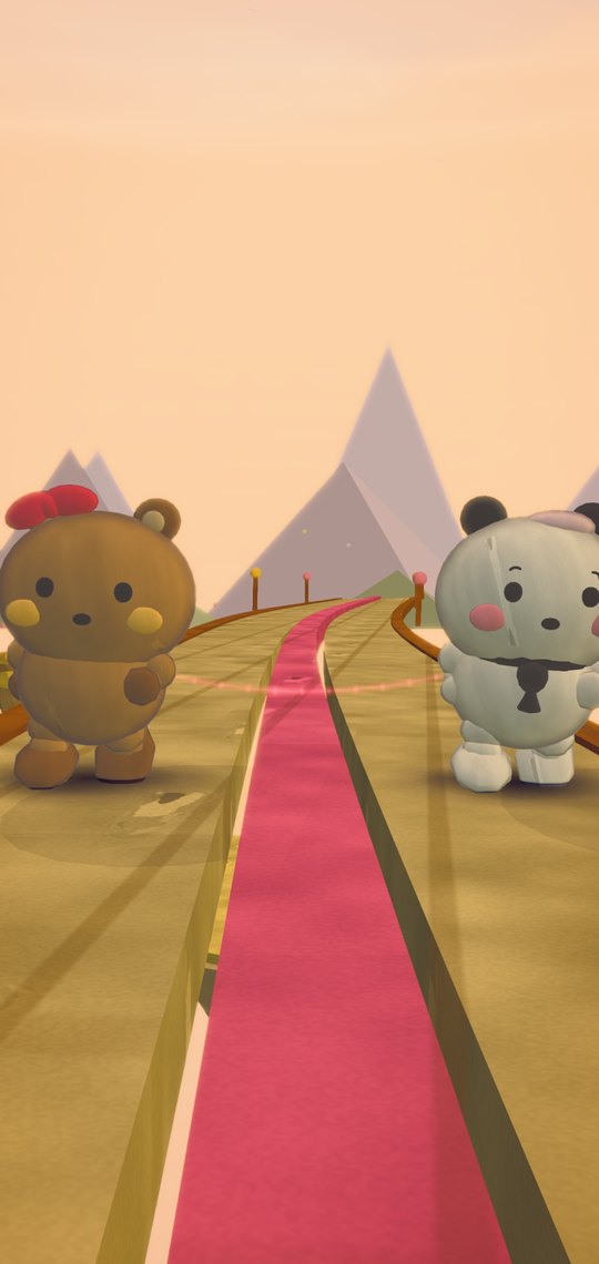 Koko, the white panda, and Momo, the brown bear, together on a winding path