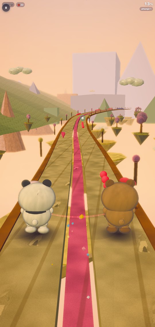 Koko and Momo running side by side on the first world’s track