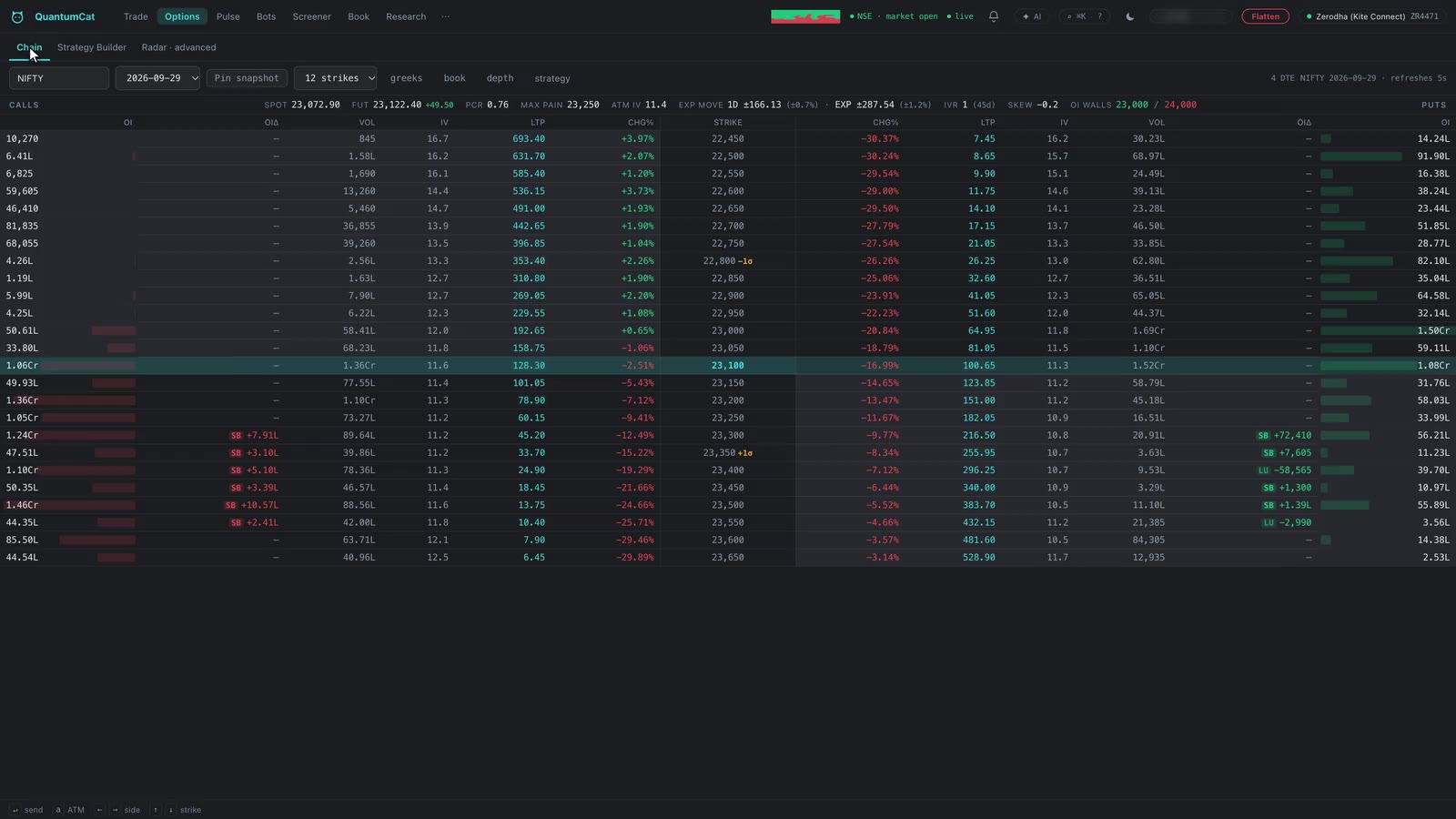 The QuantumCat terminal on a Dhan account.