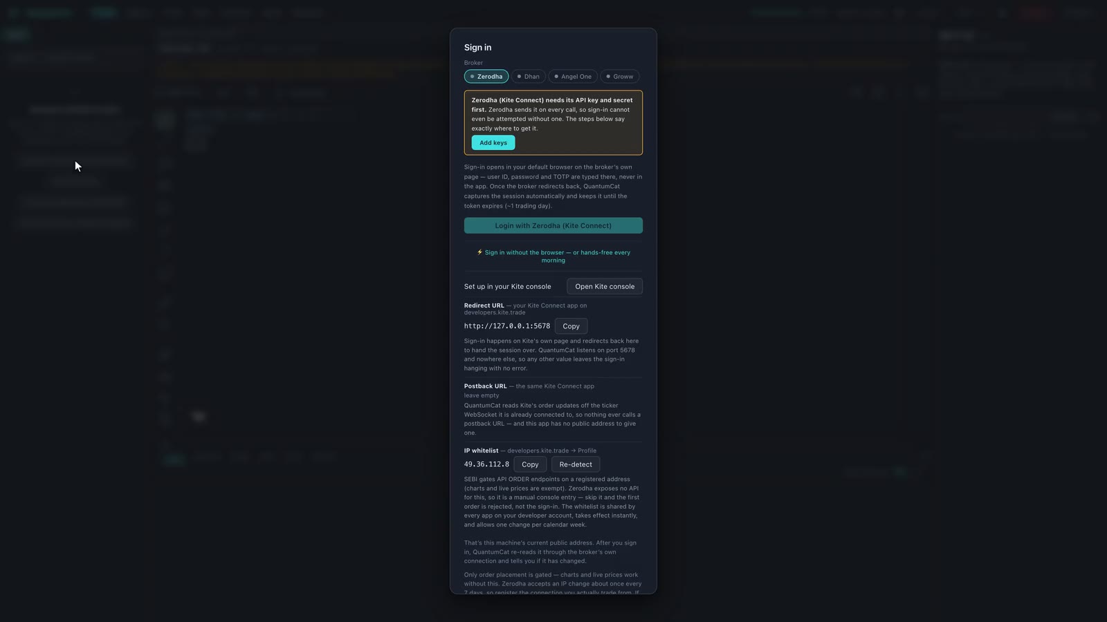 QuantumCat's broker connection setup.